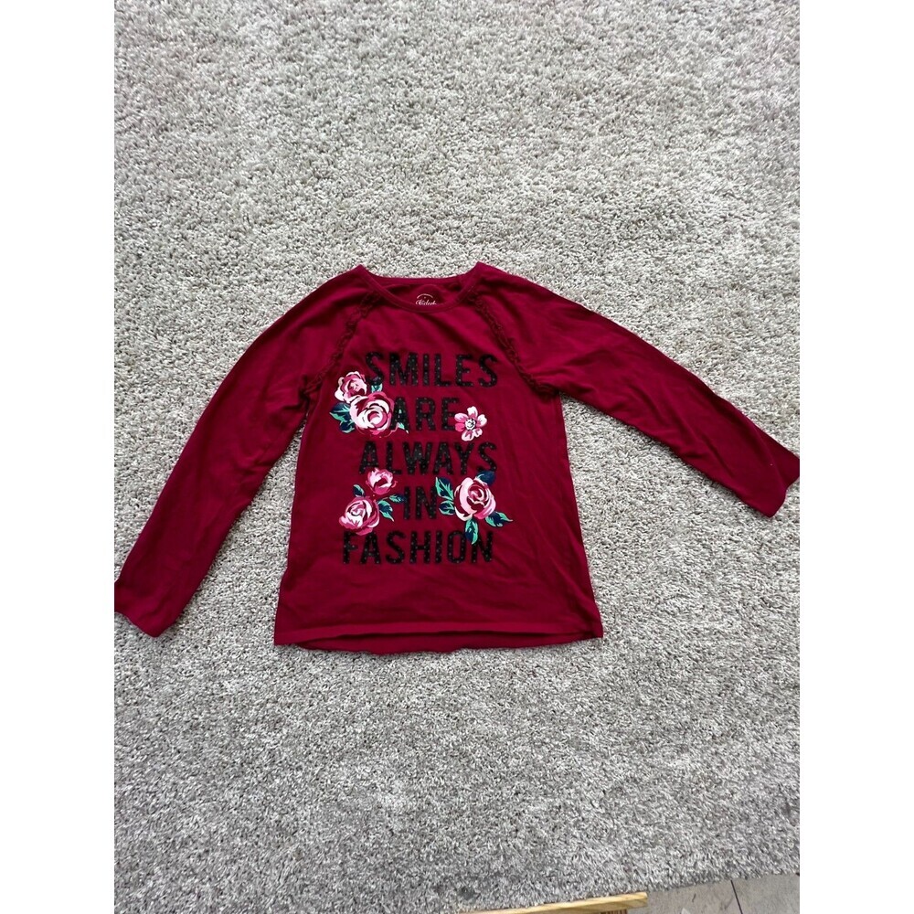 Girls Red Graphic Long Sleeve Shirt Floral “Smiles Are Always In Fashion” Cute T